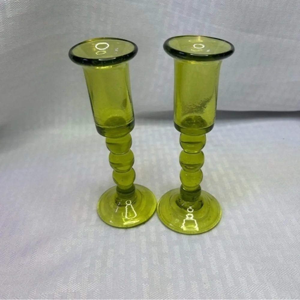 Vintage Pair Jamestown Glasshouse Hand Blown Green Glass Candle Holders